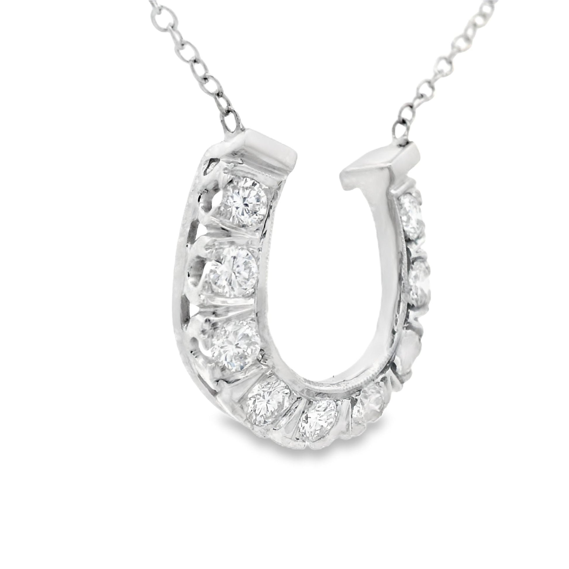 1980s 14k White Gold and Diamond Horseshoe Necklace w/ Appraisal