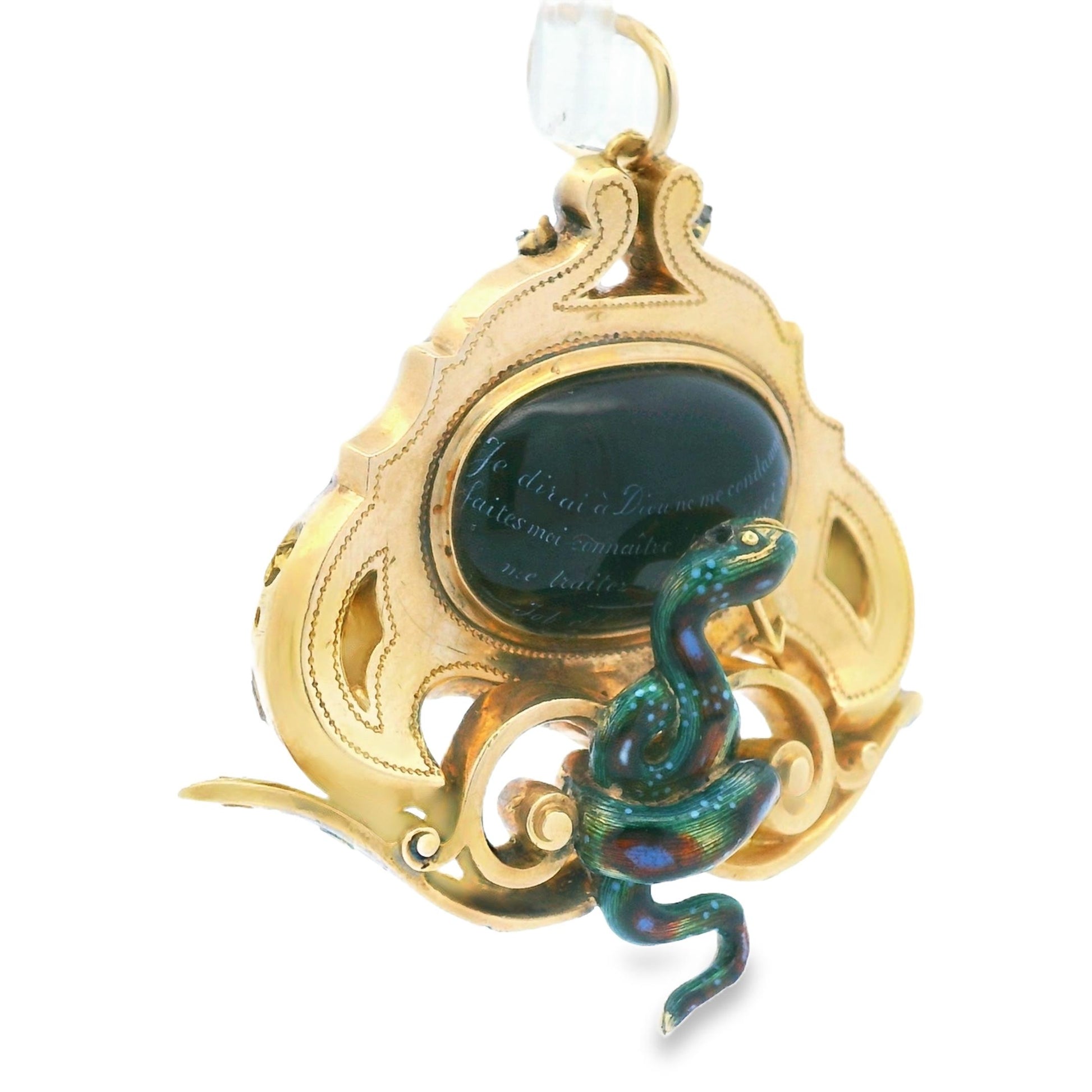 1900s 18k Yellow Gold French LEROY ET FIL Pendant w/ Black Enamel Serpent