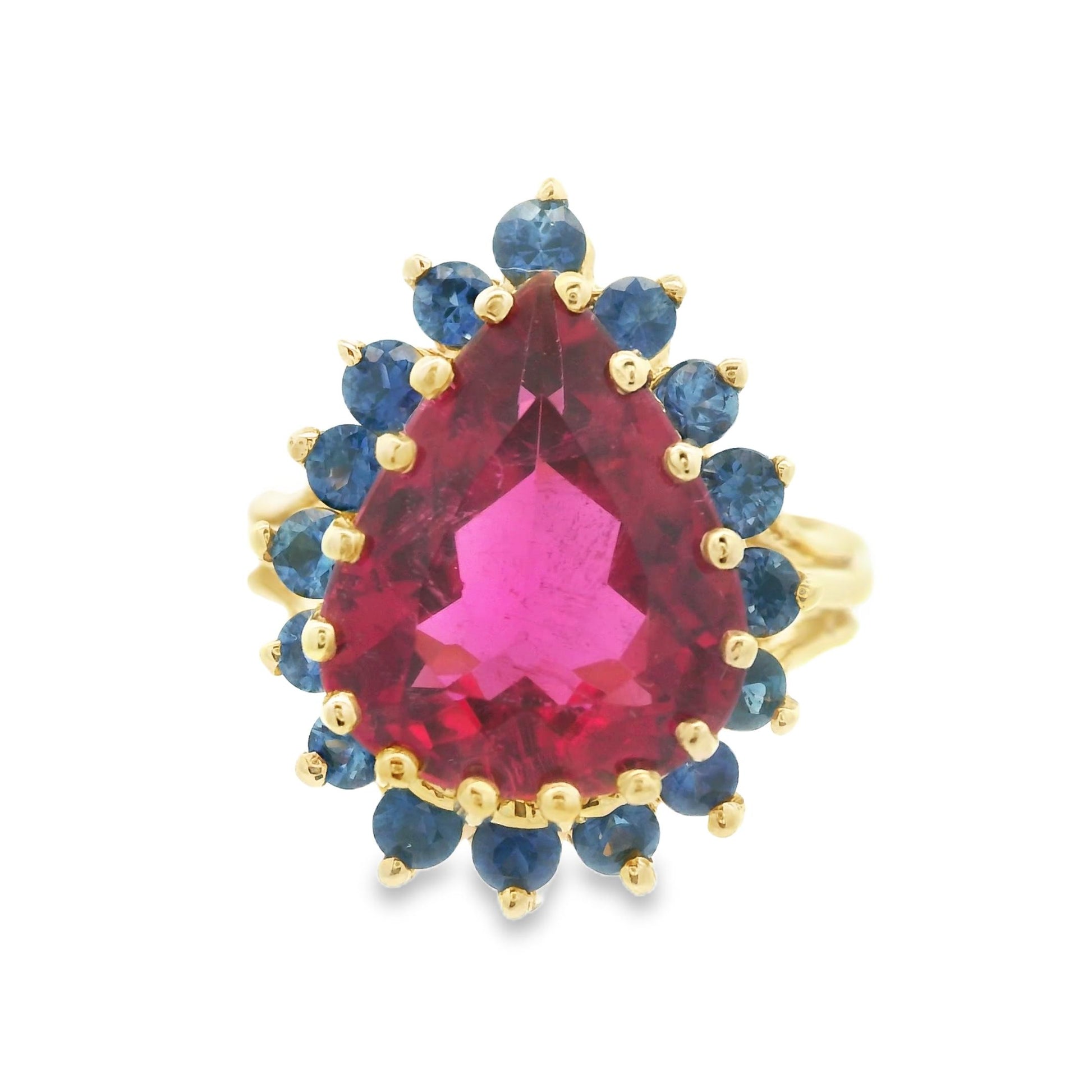 1980s 14K Yellow Gold Reddish Pink Tourmaline and Natural Blue Sapphire Ring