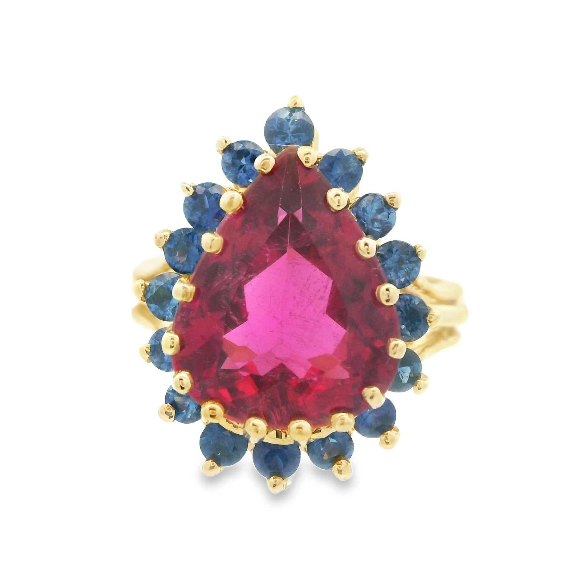 1980s 14K Yellow Gold Reddish Pink Tourmaline and Natural Blue Sapphire Ring