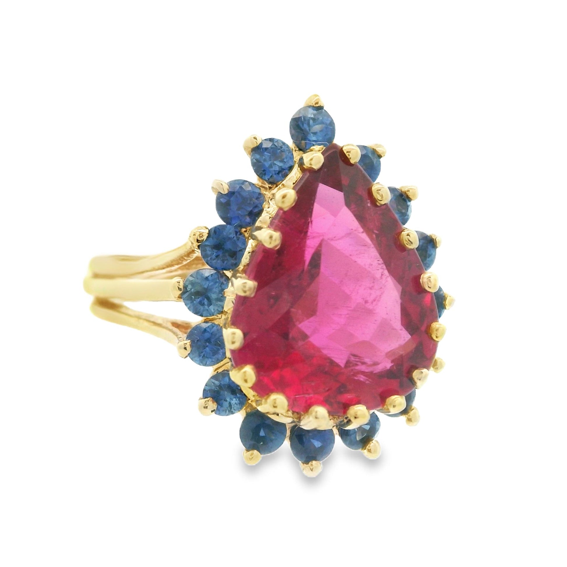 1980s 14K Yellow Gold Reddish Pink Tourmaline and Natural Blue Sapphire Ring