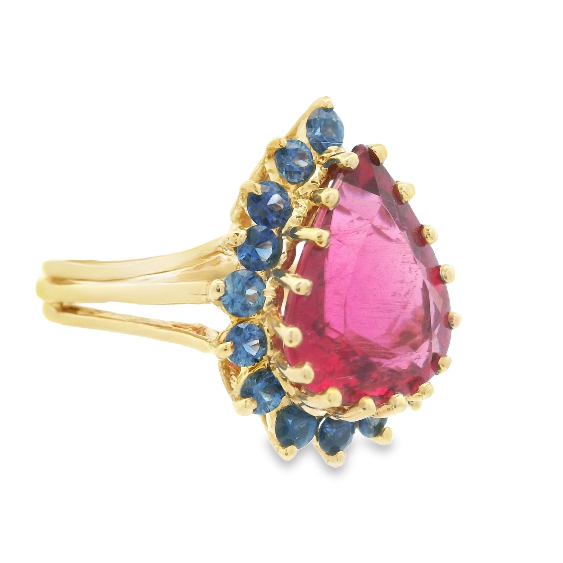1980s 14K Yellow Gold Reddish Pink Tourmaline and Natural Blue Sapphire Ring