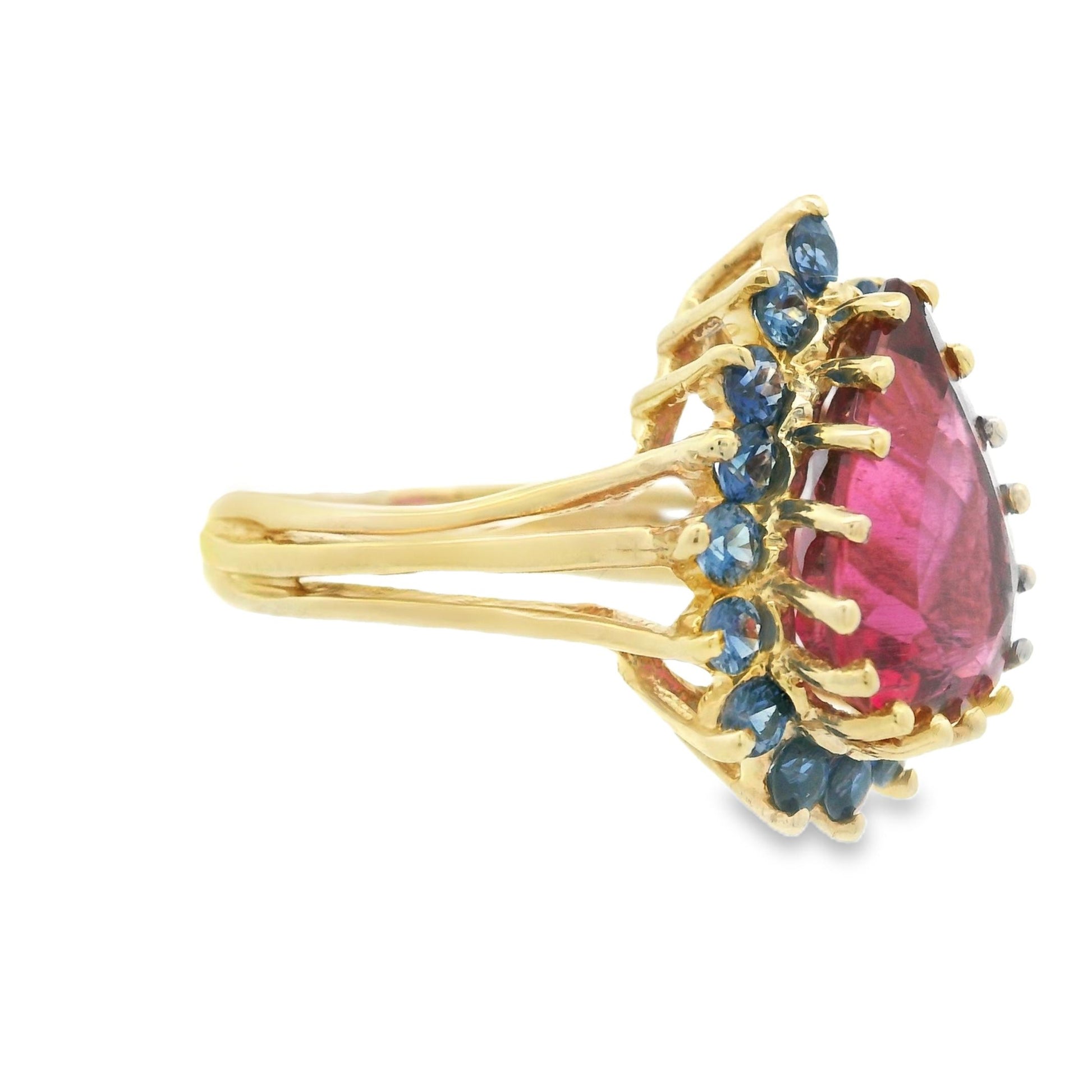 1980s 14K Yellow Gold Reddish Pink Tourmaline and Natural Blue Sapphire Ring