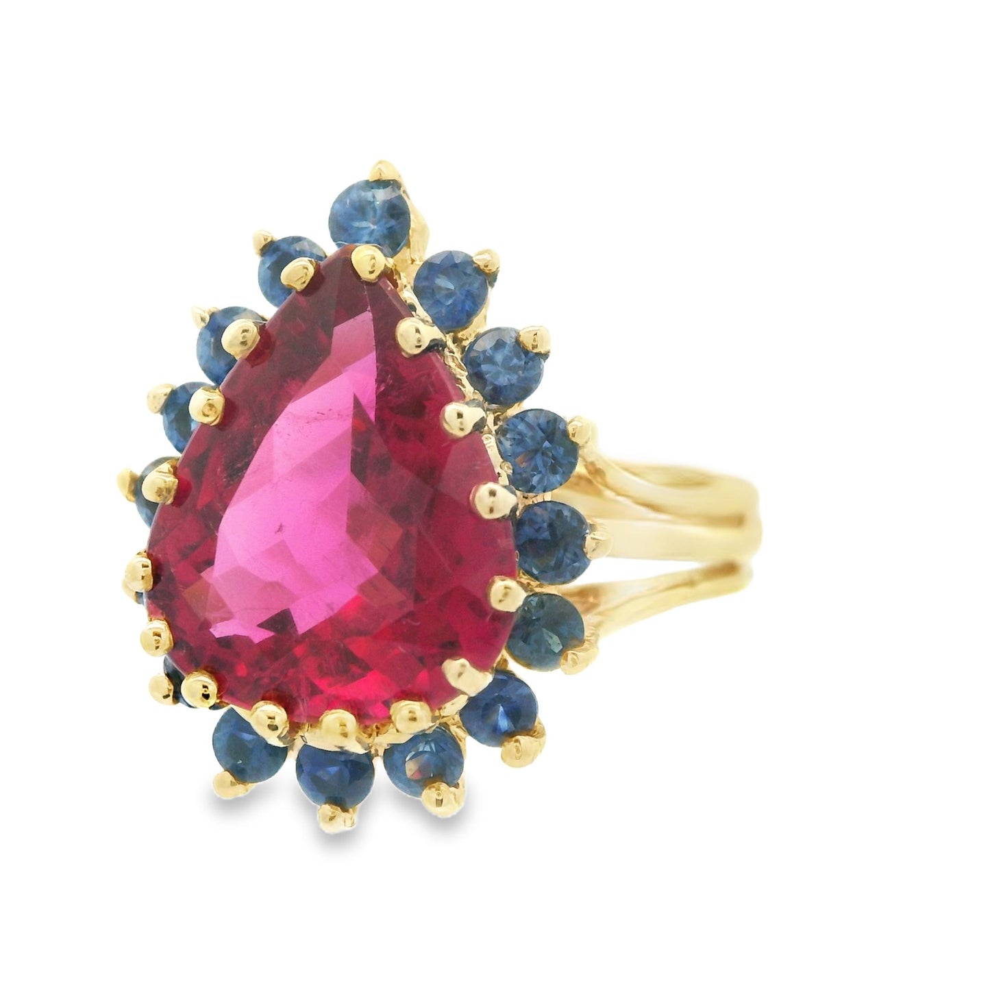 1980s 14K Yellow Gold Reddish Pink Tourmaline and Natural Blue Sapphire Ring
