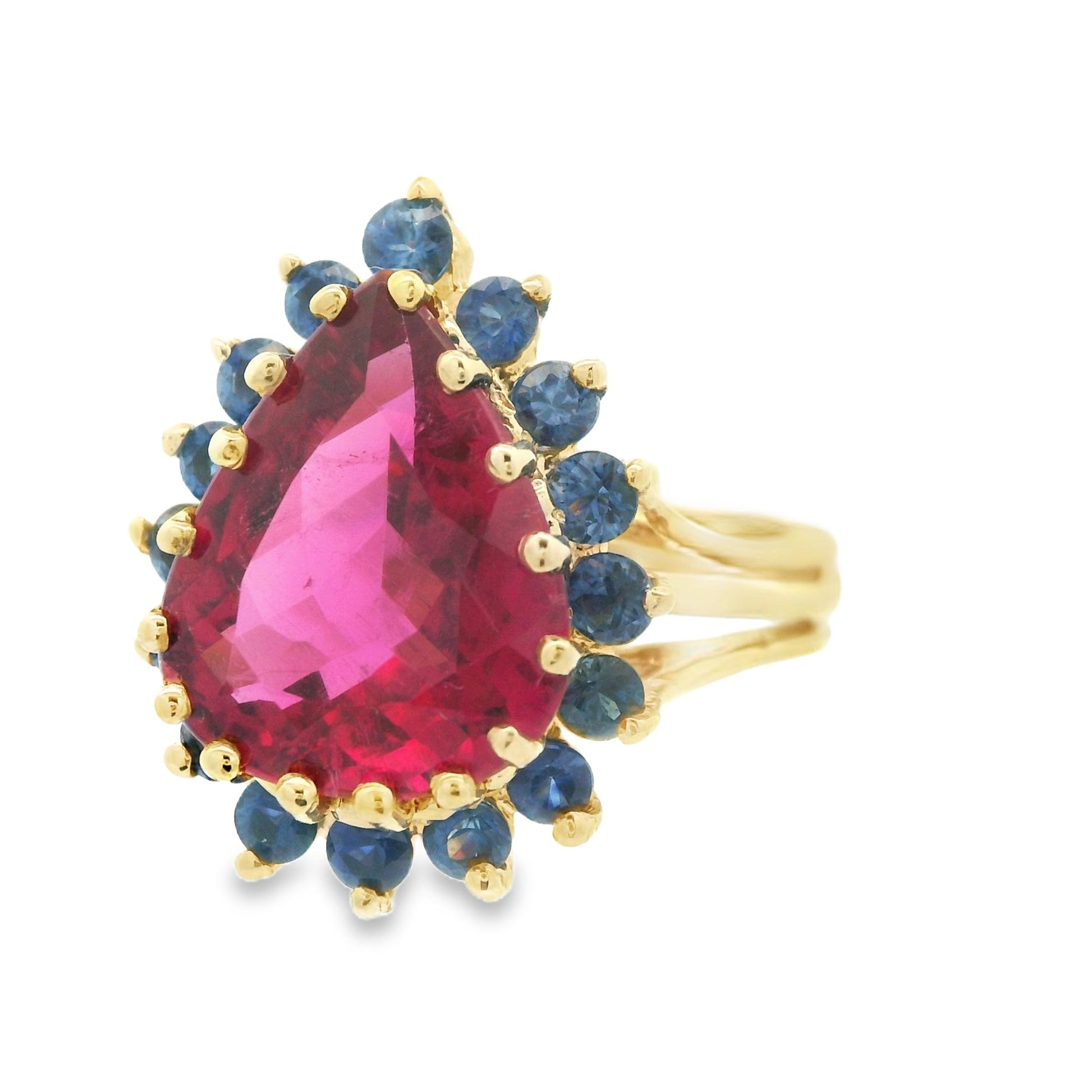 1980s 14K Yellow Gold Reddish Pink Tourmaline and Natural Blue Sapphire Ring