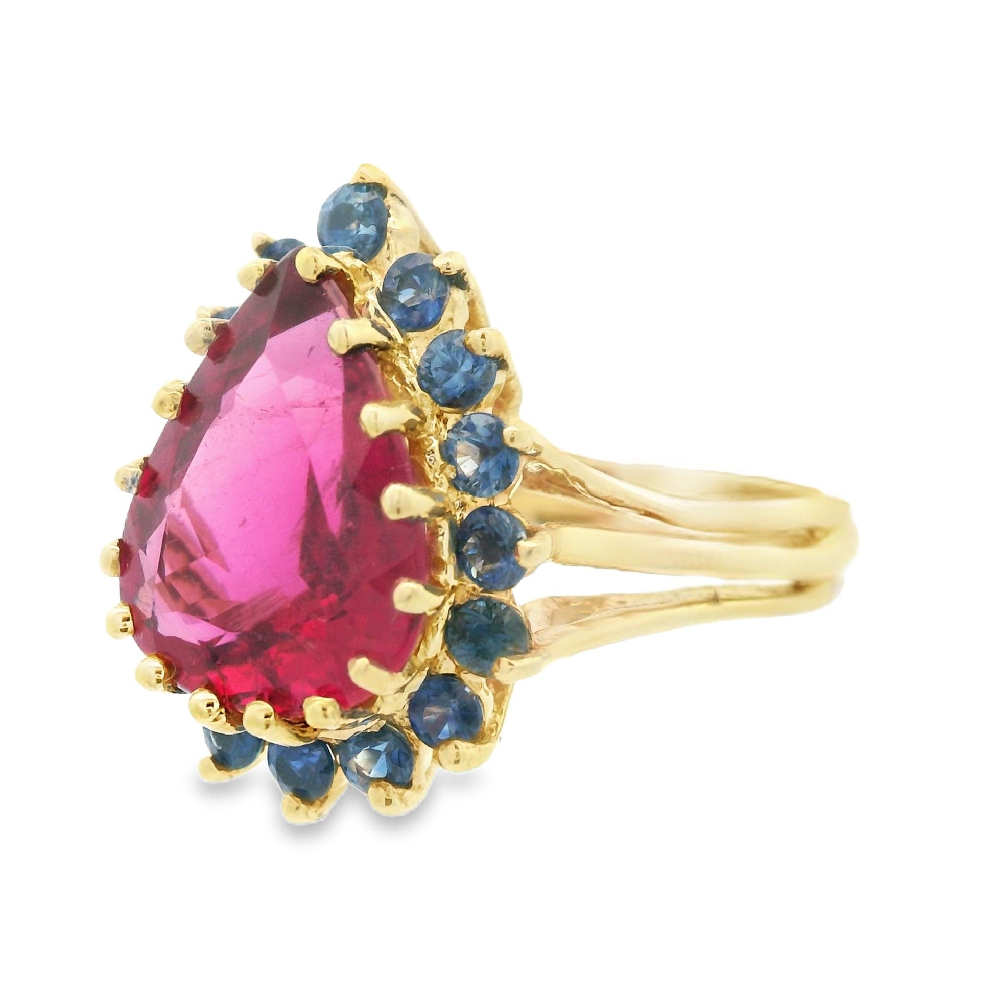 1980s 14K Yellow Gold Reddish Pink Tourmaline and Natural Blue Sapphire Ring