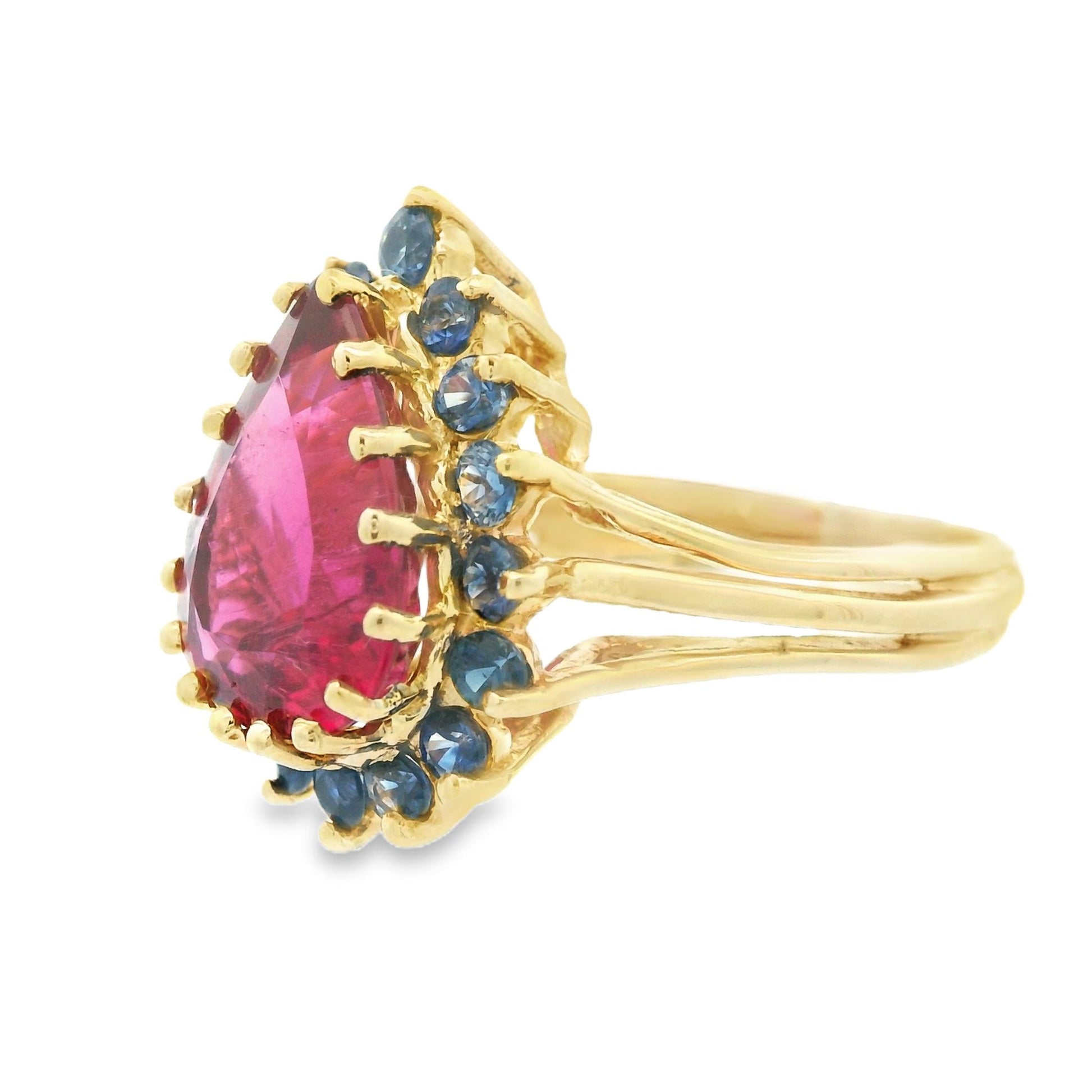 1980s 14K Yellow Gold Reddish Pink Tourmaline and Natural Blue Sapphire Ring