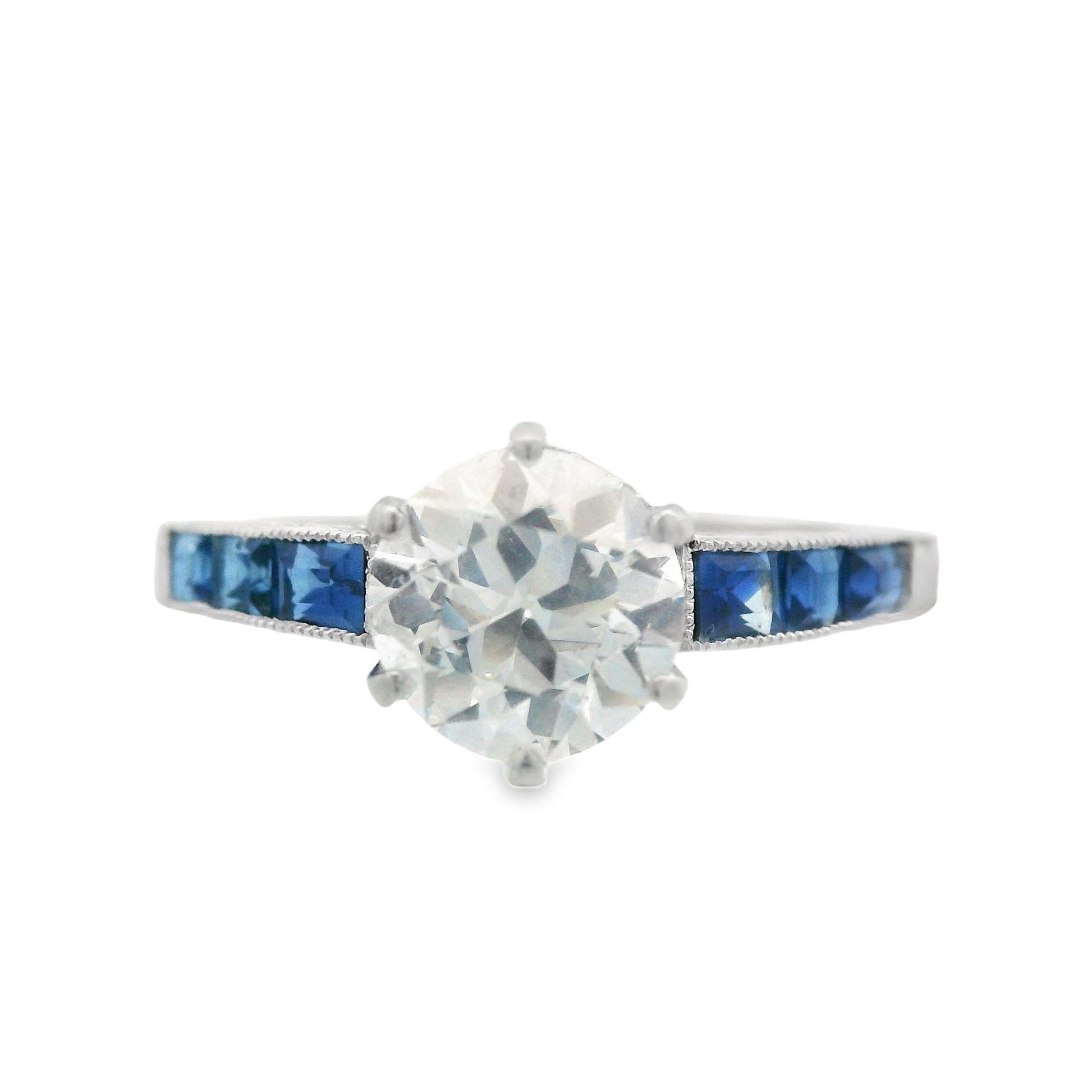 1920s Platinum Art Deco Sapphire & Diamond Engraved  Engagement Ring