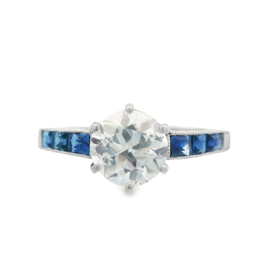 1920s Platinum Art Deco Sapphire & Diamond Engraved  Engagement Ring