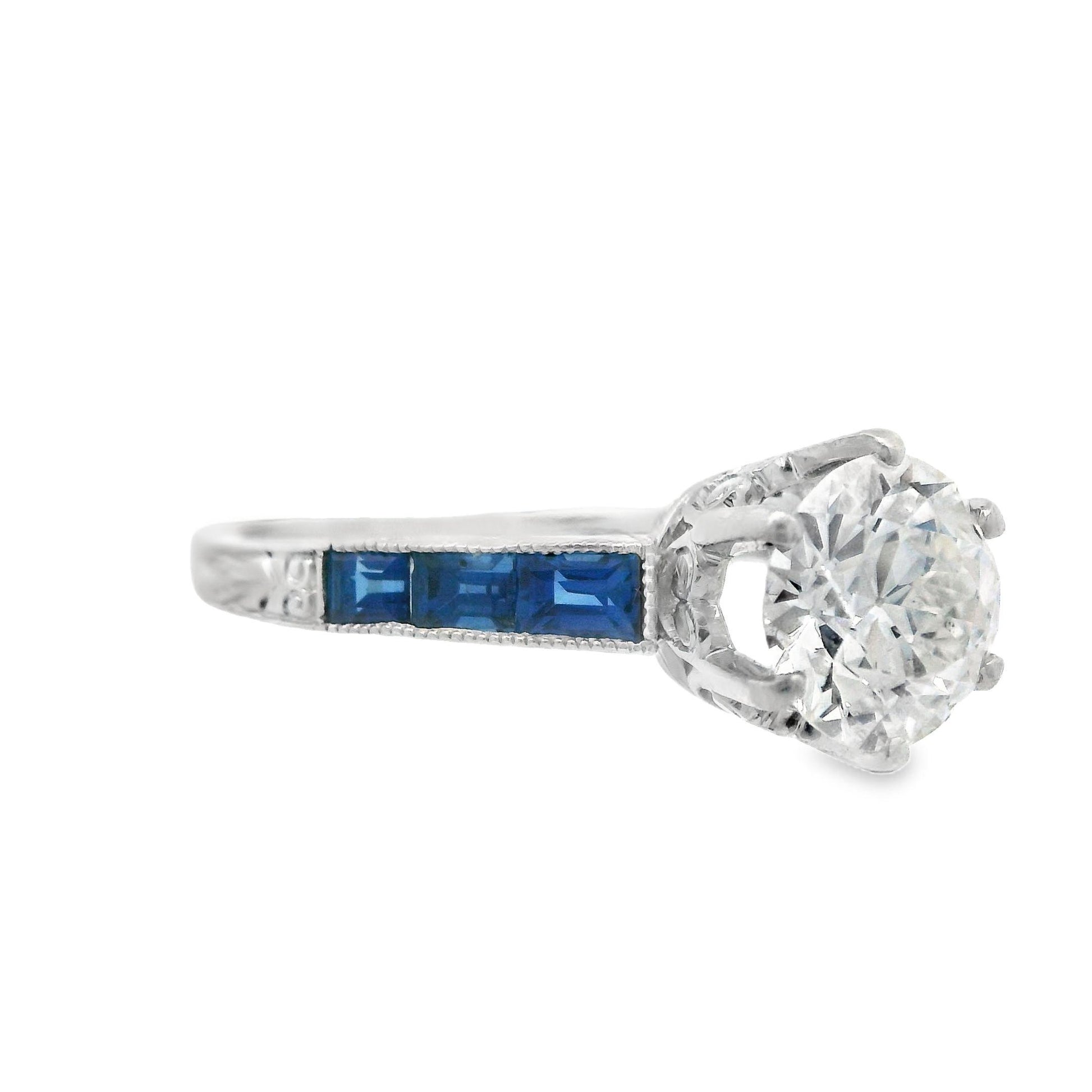 1920s Platinum Art Deco Sapphire & Diamond Engraved  Engagement Ring