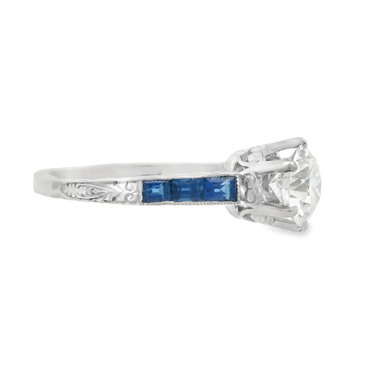 1920s Platinum Art Deco Sapphire & Diamond Engraved  Engagement Ring