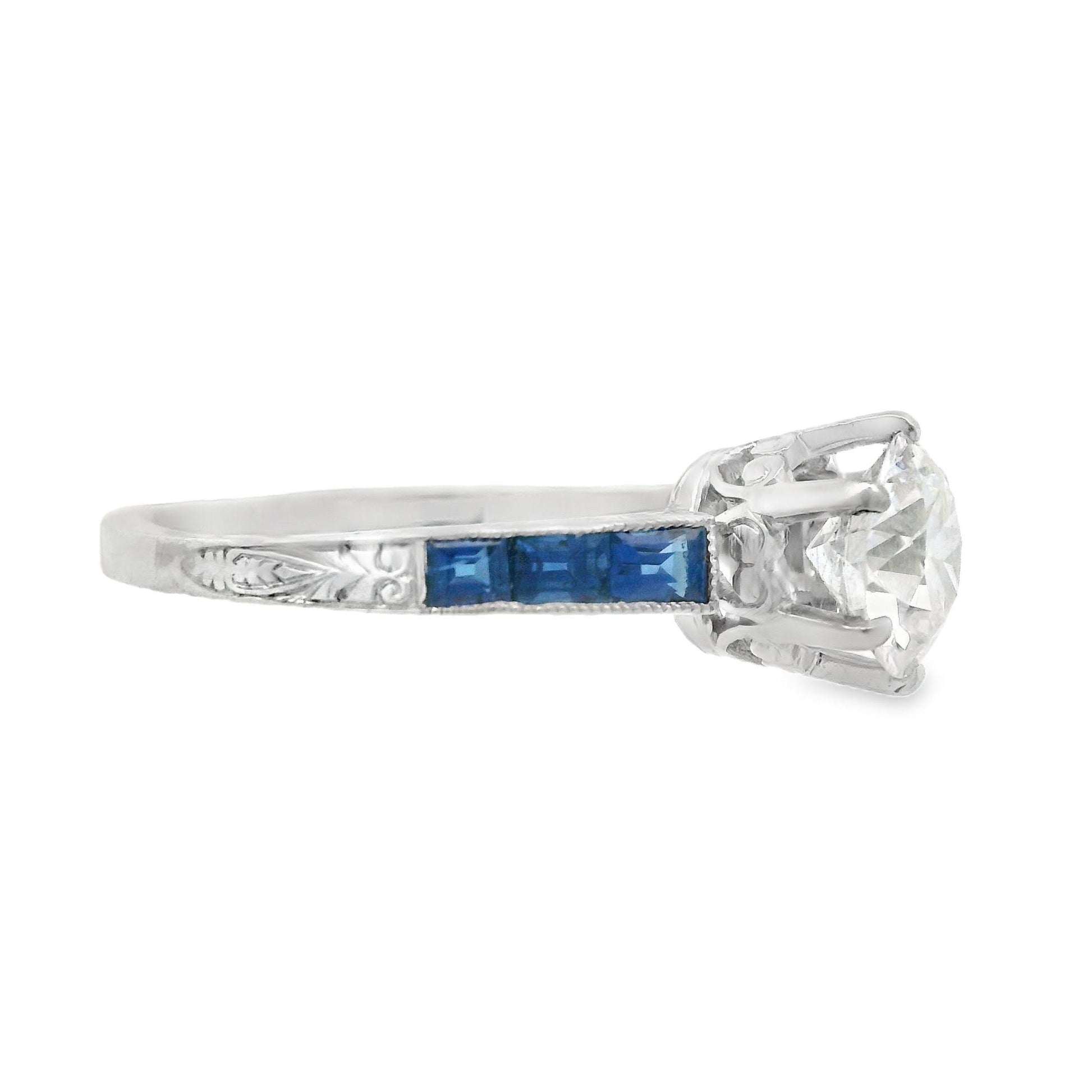 1920s Platinum Art Deco Sapphire & Diamond Engraved  Engagement Ring