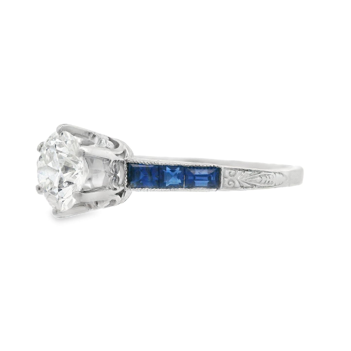 1920s Platinum Art Deco Sapphire & Diamond Engraved  Engagement Ring