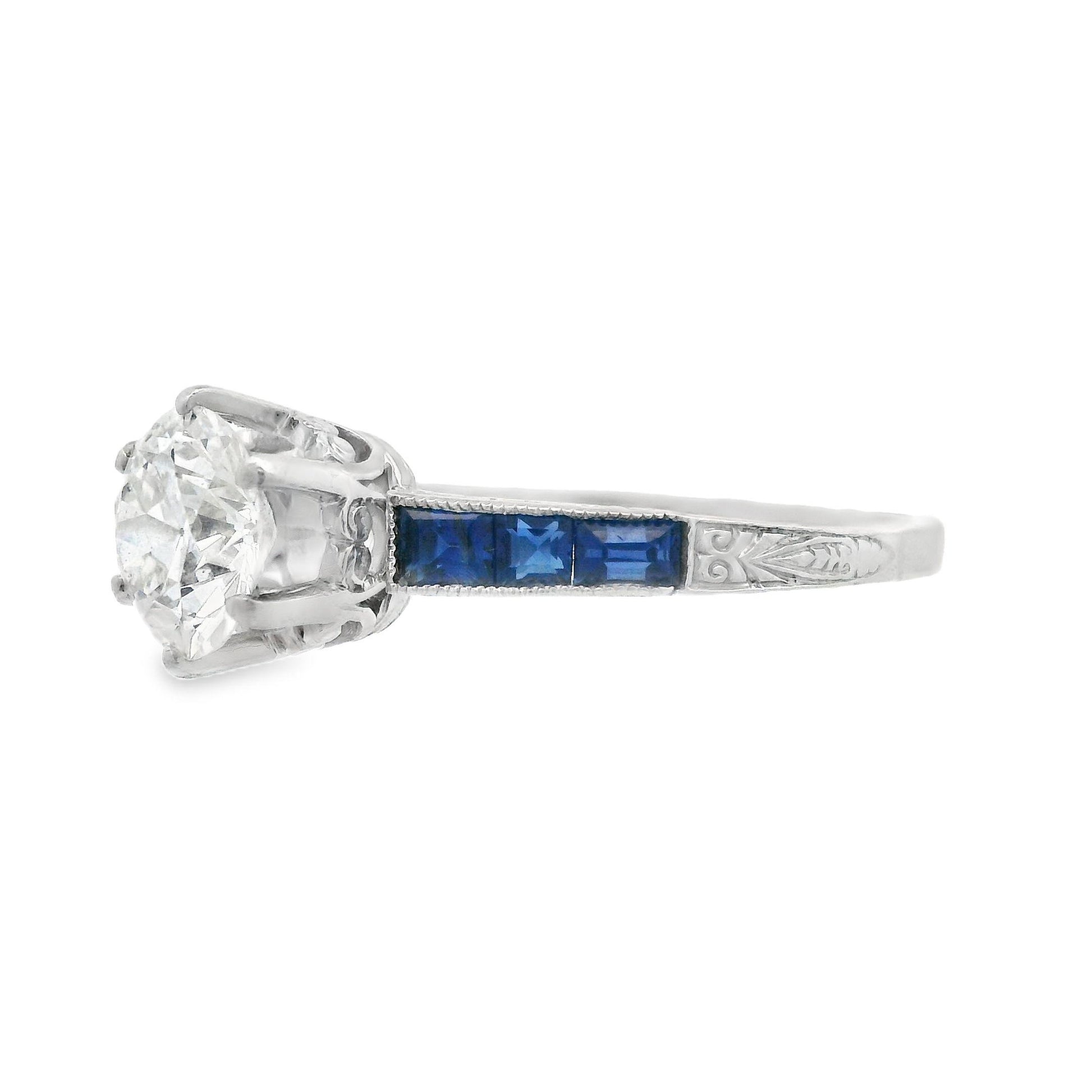 1920s Platinum Art Deco Sapphire & Diamond Engraved  Engagement Ring