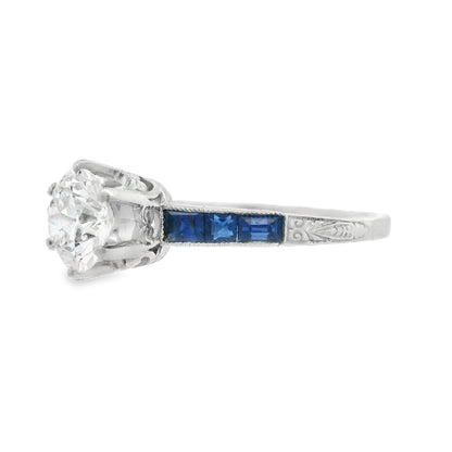 1920s Platinum Art Deco Sapphire & Diamond Engraved  Engagement Ring