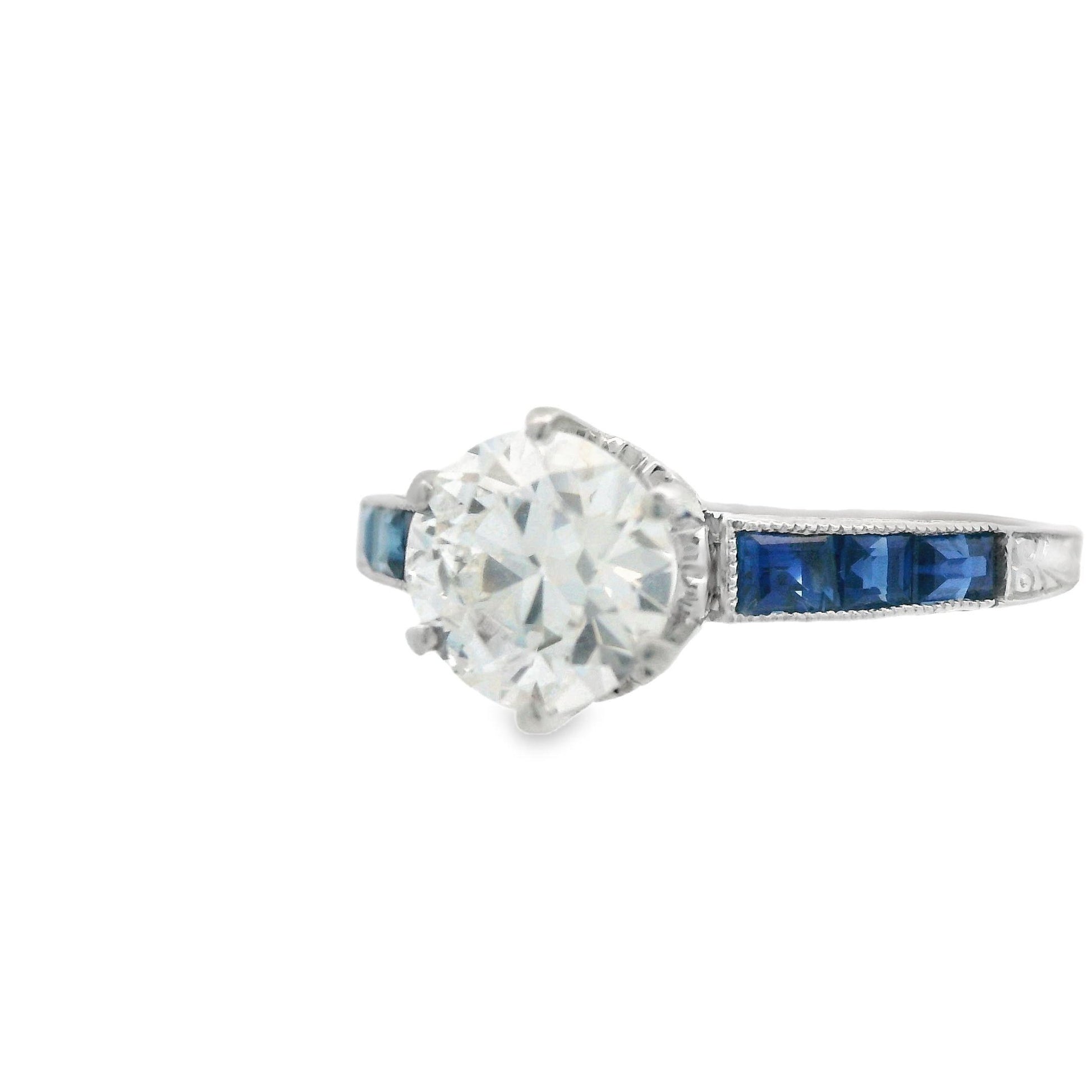 1920s Platinum Art Deco Sapphire & Diamond Engraved  Engagement Ring