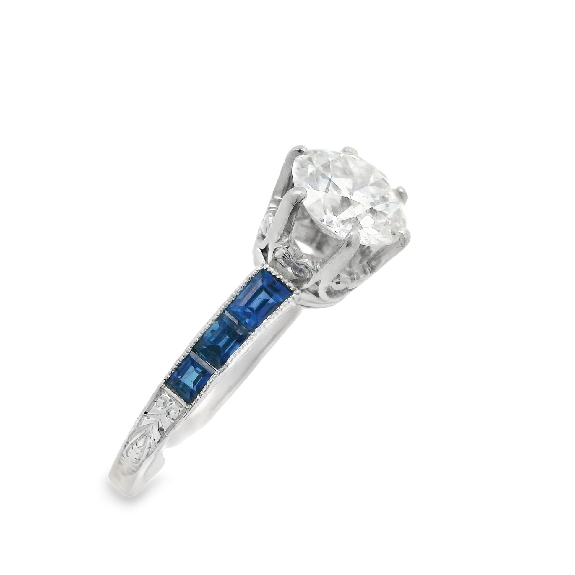 1920s Platinum Art Deco Sapphire & Diamond Engraved  Engagement Ring