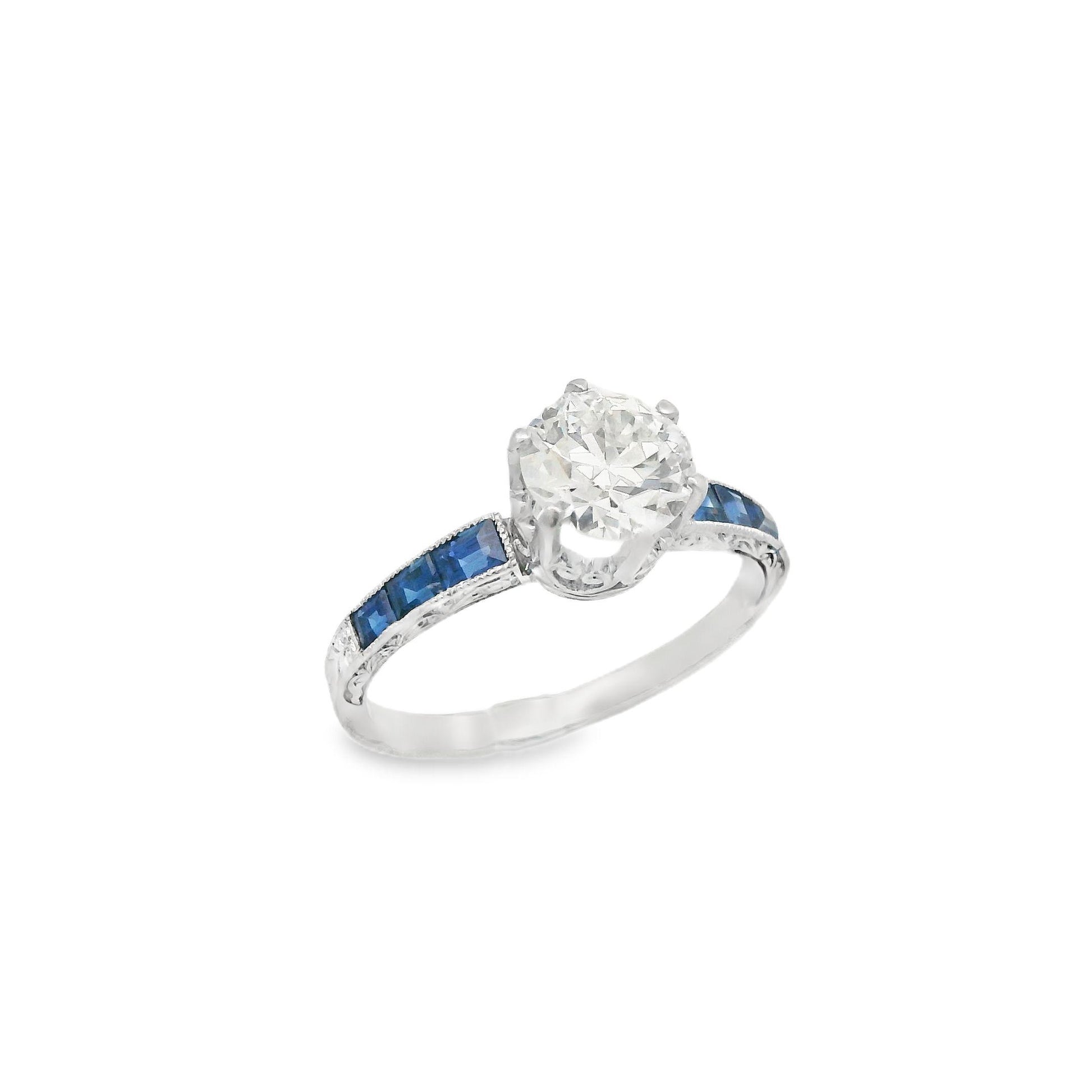 1920s Platinum Art Deco Sapphire & Diamond Engraved  Engagement Ring