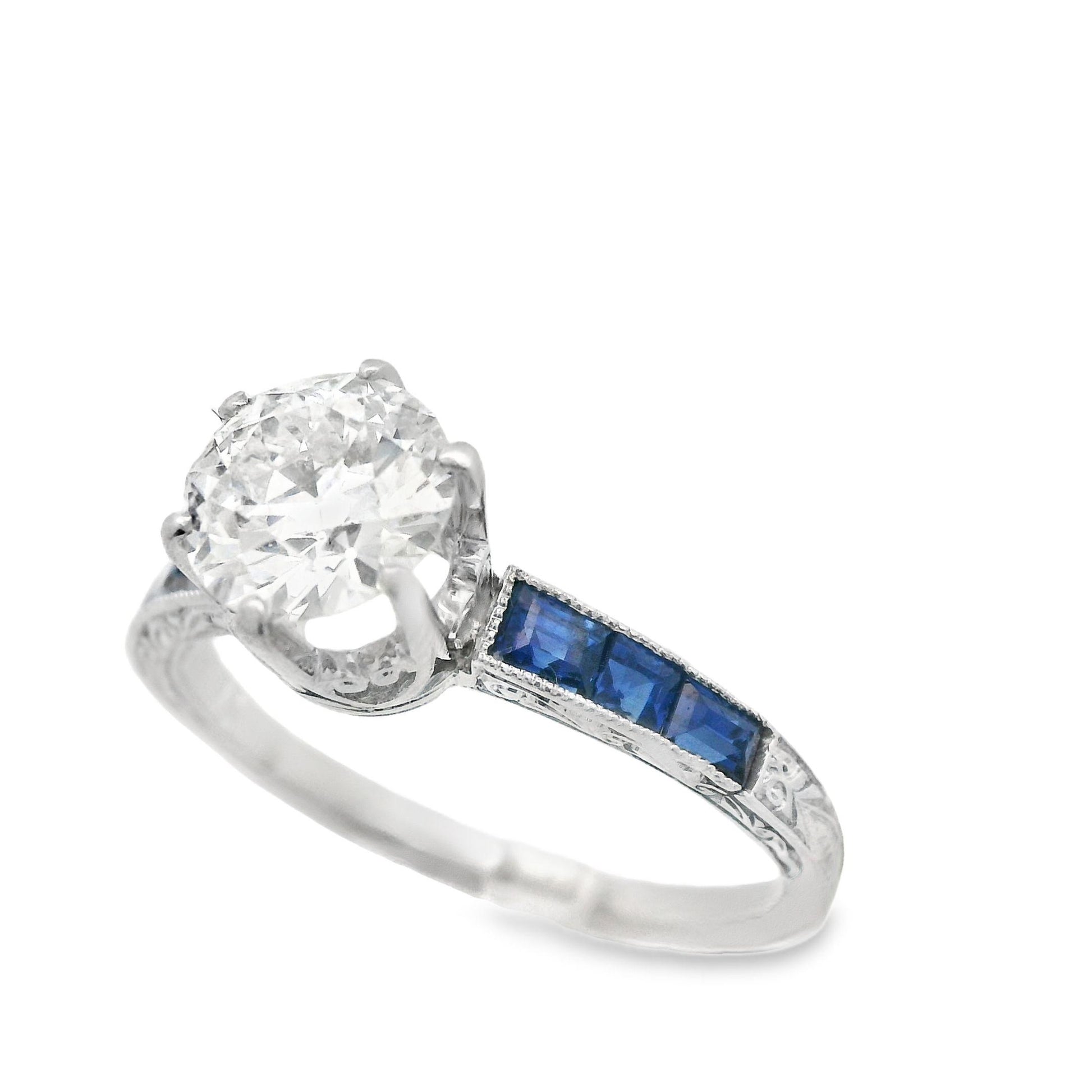 1920s Platinum Art Deco Sapphire & Diamond Engraved  Engagement Ring