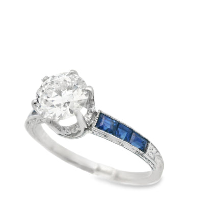 1920s Platinum Art Deco Sapphire & Diamond Engraved  Engagement Ring