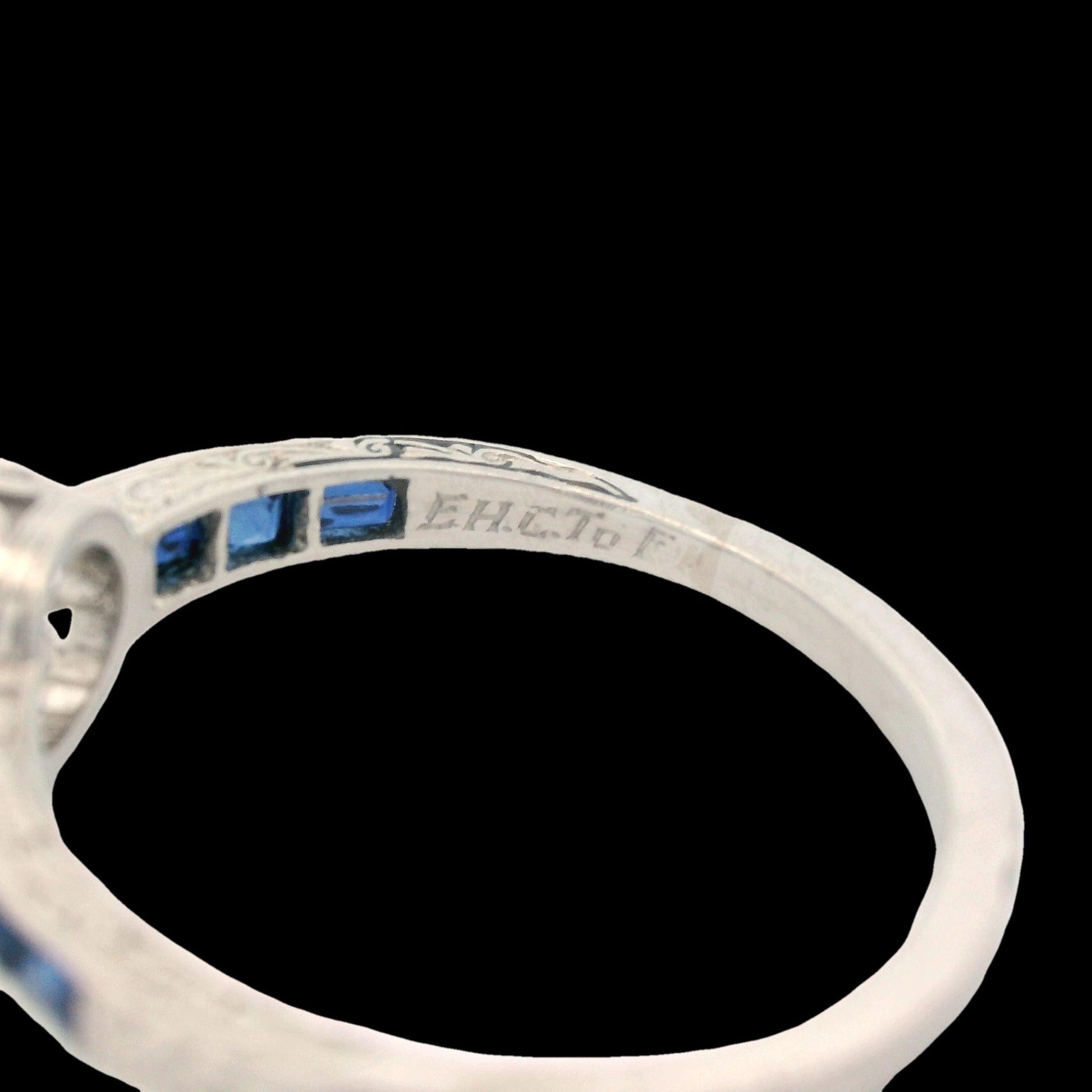 1920s Platinum Art Deco Sapphire & Diamond Engraved  Engagement Ring