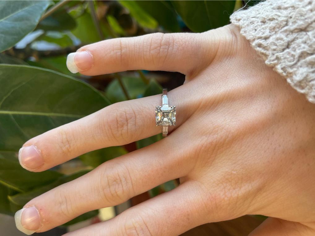 1925 Art Deco Platinum Asscher and Baguette Diamond Ring with GIA Report