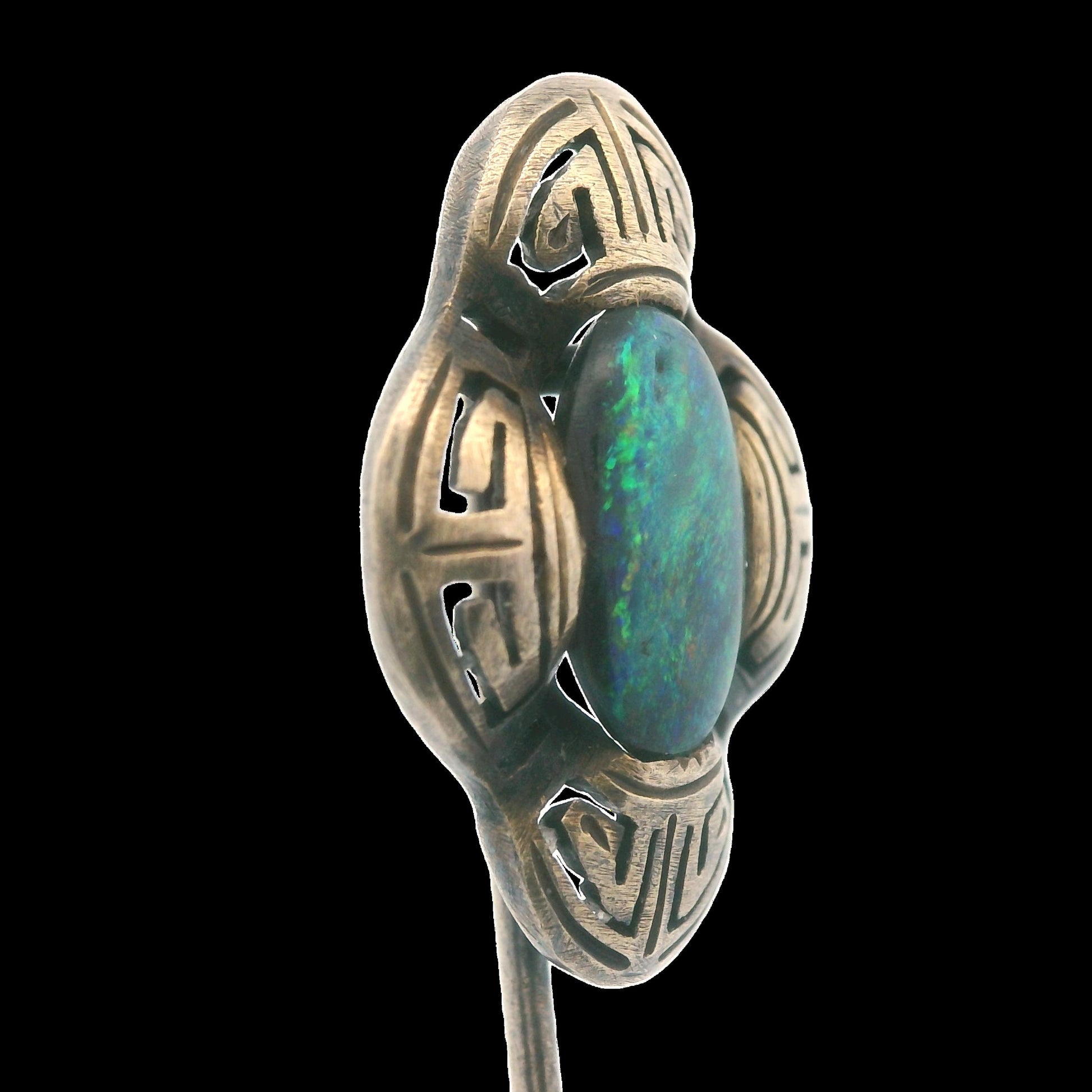 Art Deco Natural Black Opal Stick Pin 14K Yellow Gold