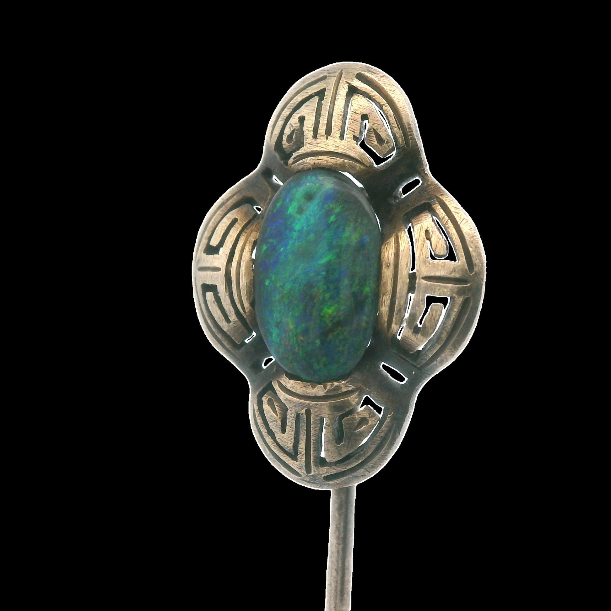 Art Deco Natural Black Opal Stick Pin 14K Yellow Gold