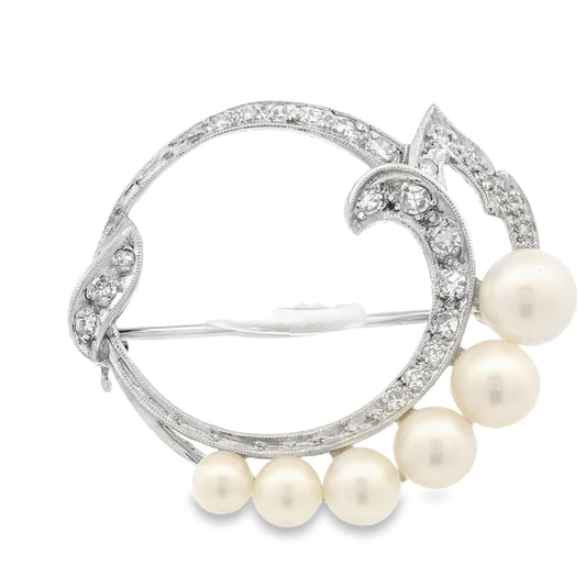 Vintage Cultured Pearl and Diamond Brooch w/ Appraisal