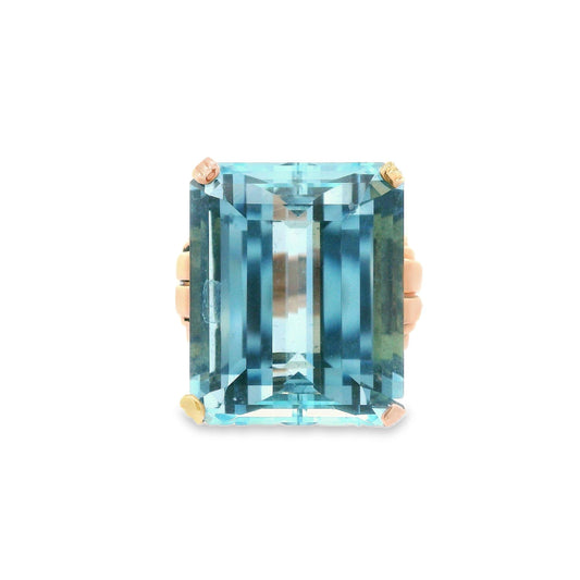 28+ Carat Natural Aquamarine and 18k Rose Gold Art Deco Ring