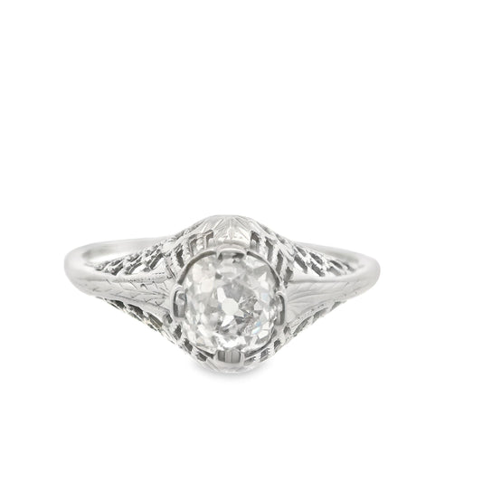 Art Deco 14 Karat White Gold Filigree .7ct Old Mine Cut Diamond Engagement Ring
