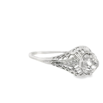 Art Deco 14 Karat White Gold Filigree .7ct Old Mine Cut Diamond Engagement Ring