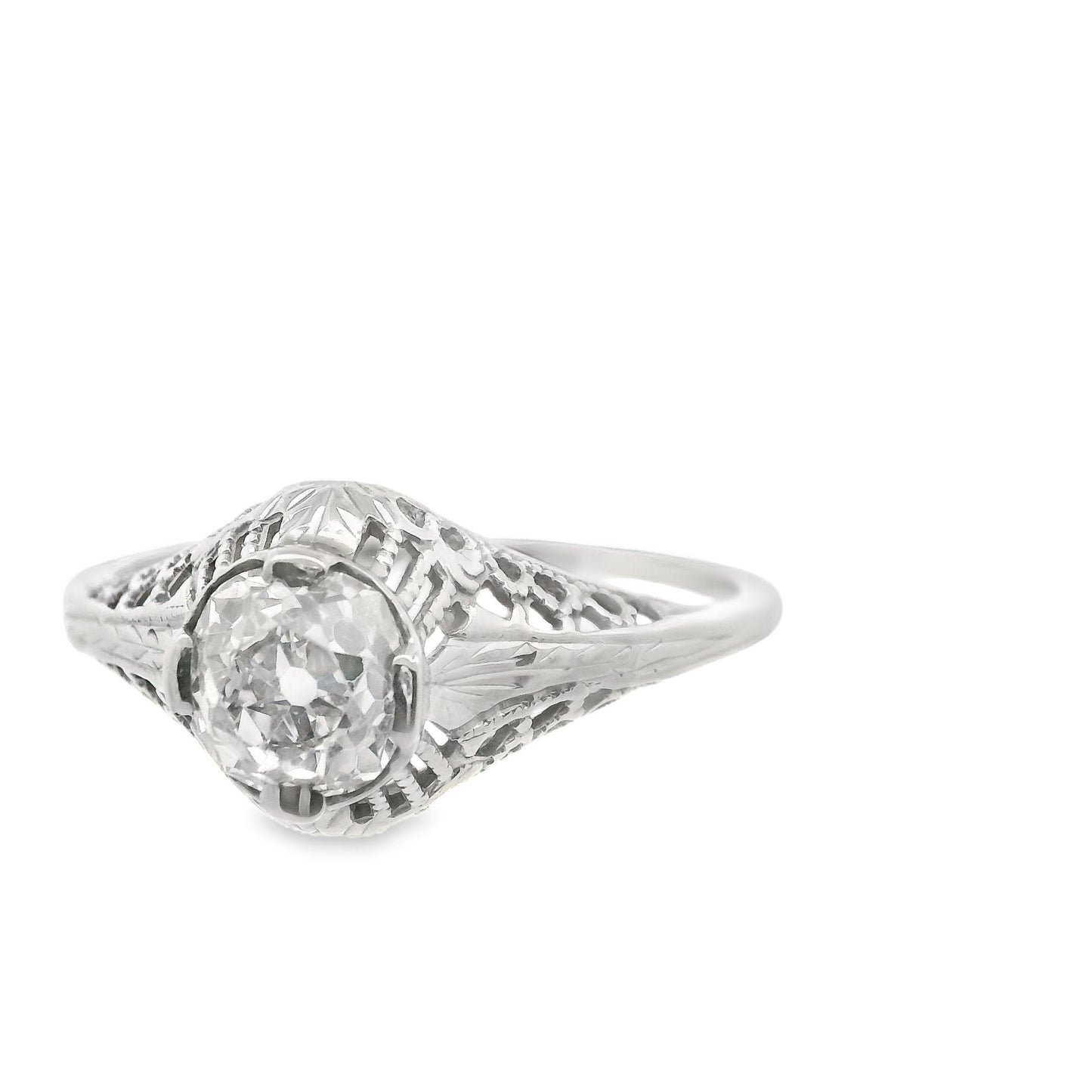 Art Deco 14 Karat White Gold Filigree .7ct Old Mine Cut Diamond Engagement Ring