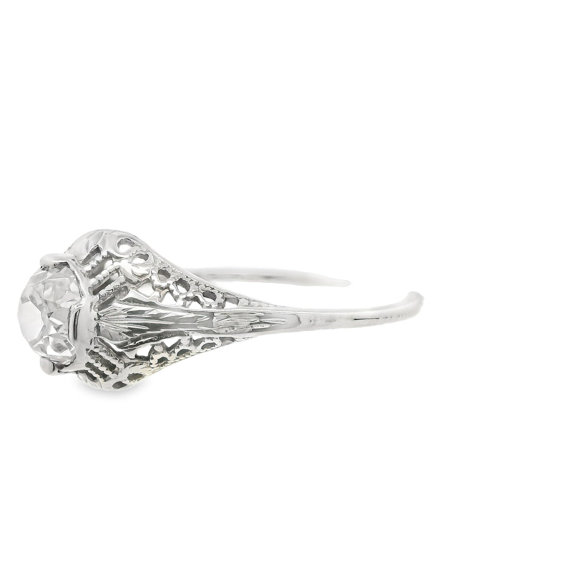 Art Deco 14 Karat White Gold Filigree .7ct Old Mine Cut Diamond Engagement Ring