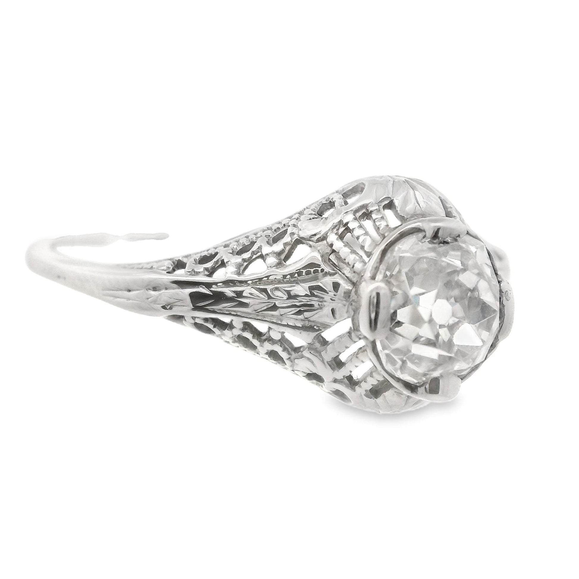 Art Deco 14 Karat White Gold Filigree .7ct Old Mine Cut Diamond Engagement Ring