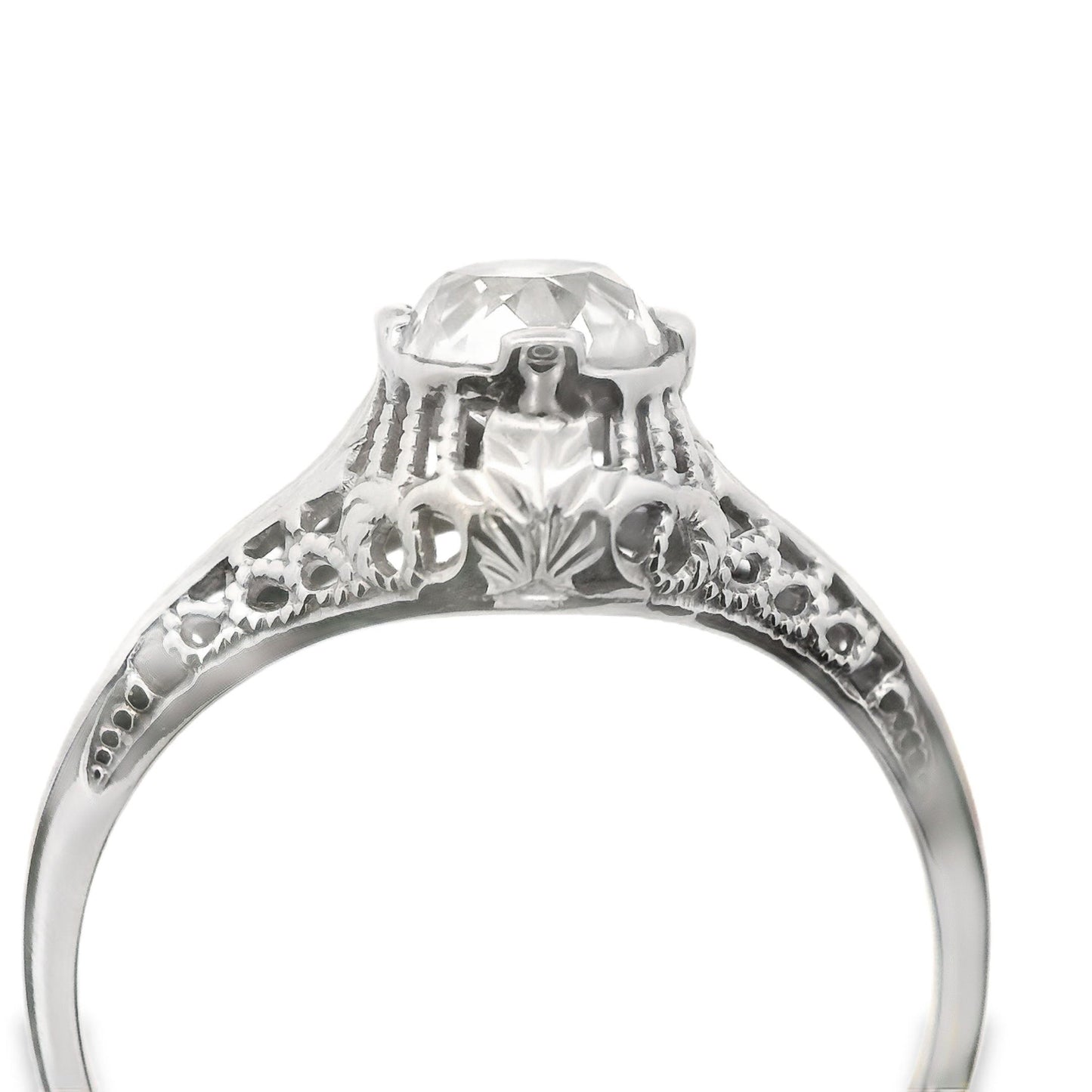 Art Deco 14 Karat White Gold Filigree .7ct Old Mine Cut Diamond Engagement Ring