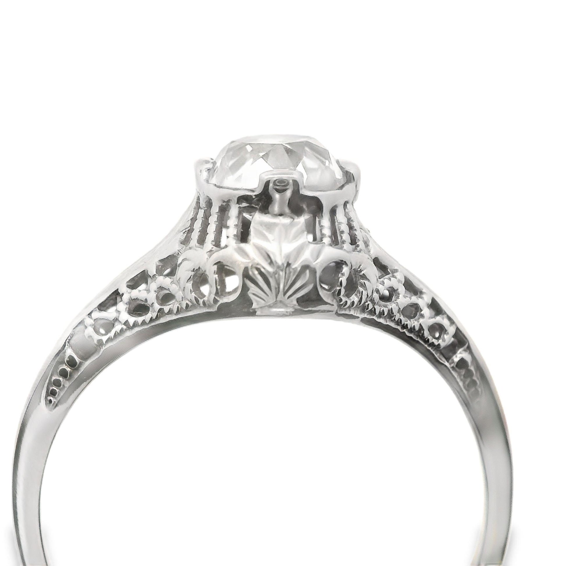 Art Deco 14 Karat White Gold Filigree .7ct Old Mine Cut Diamond Engagement Ring