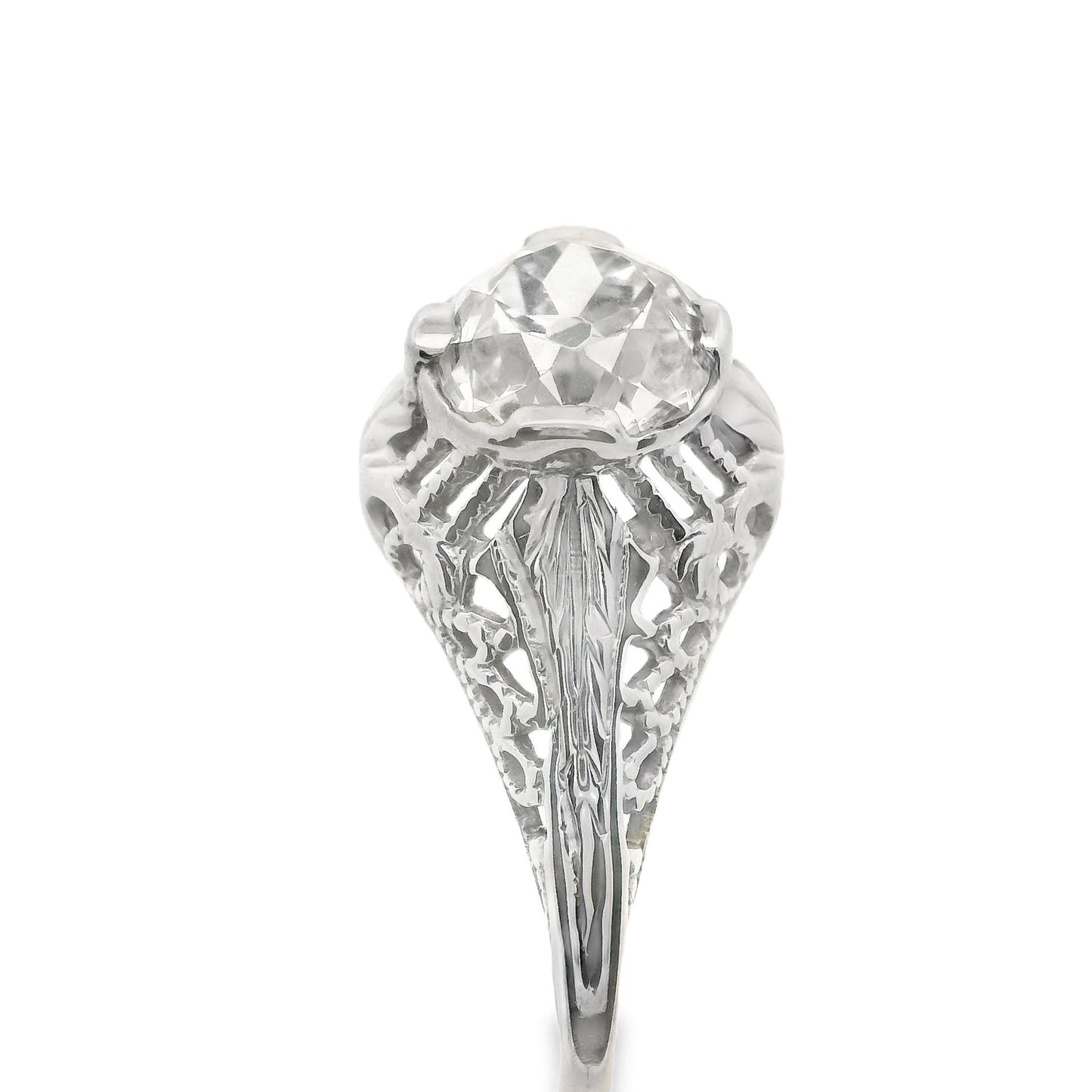 Art Deco 14 Karat White Gold Filigree .7ct Old Mine Cut Diamond Engagement Ring