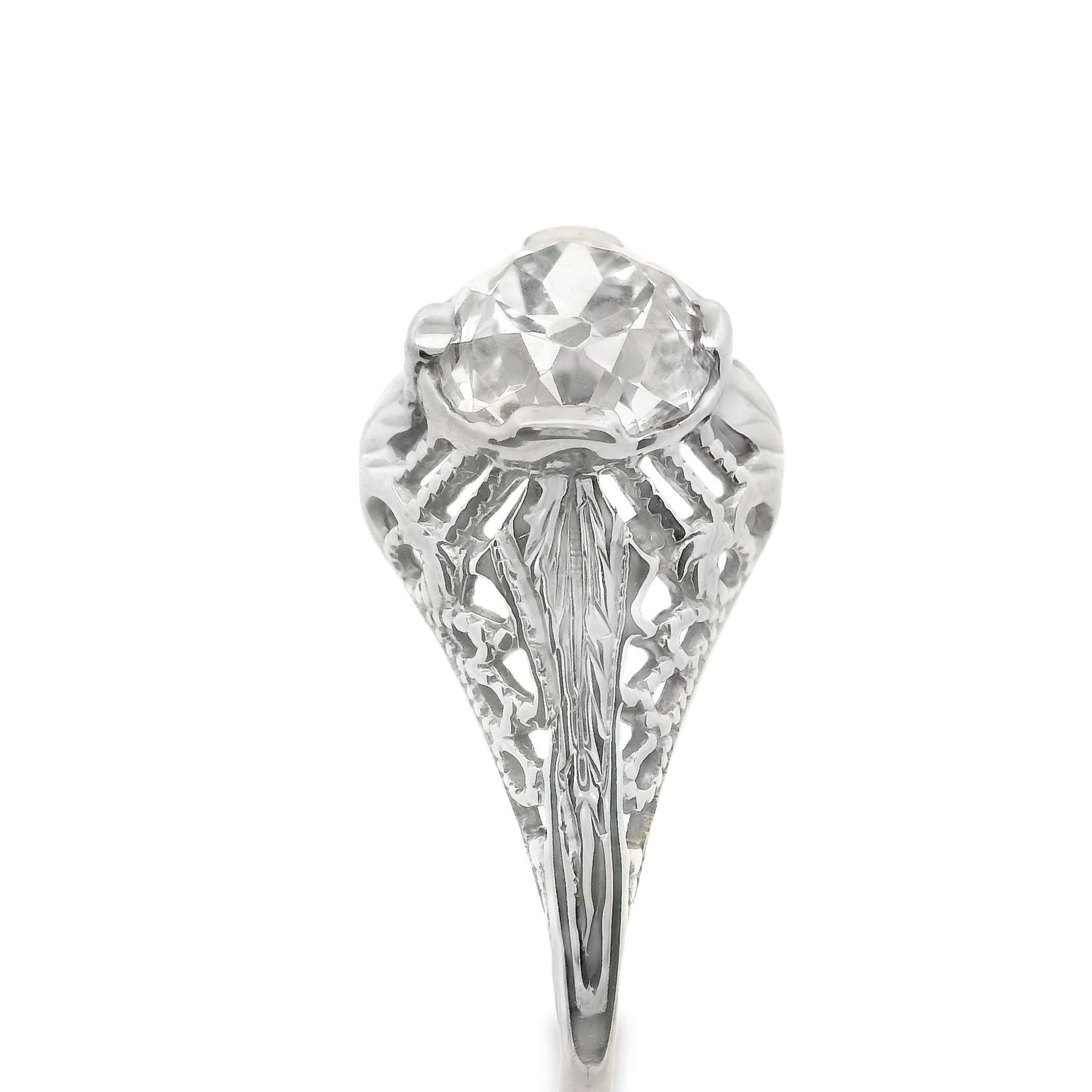 Art Deco 14 Karat White Gold Filigree .7ct Old Mine Cut Diamond Engagement Ring