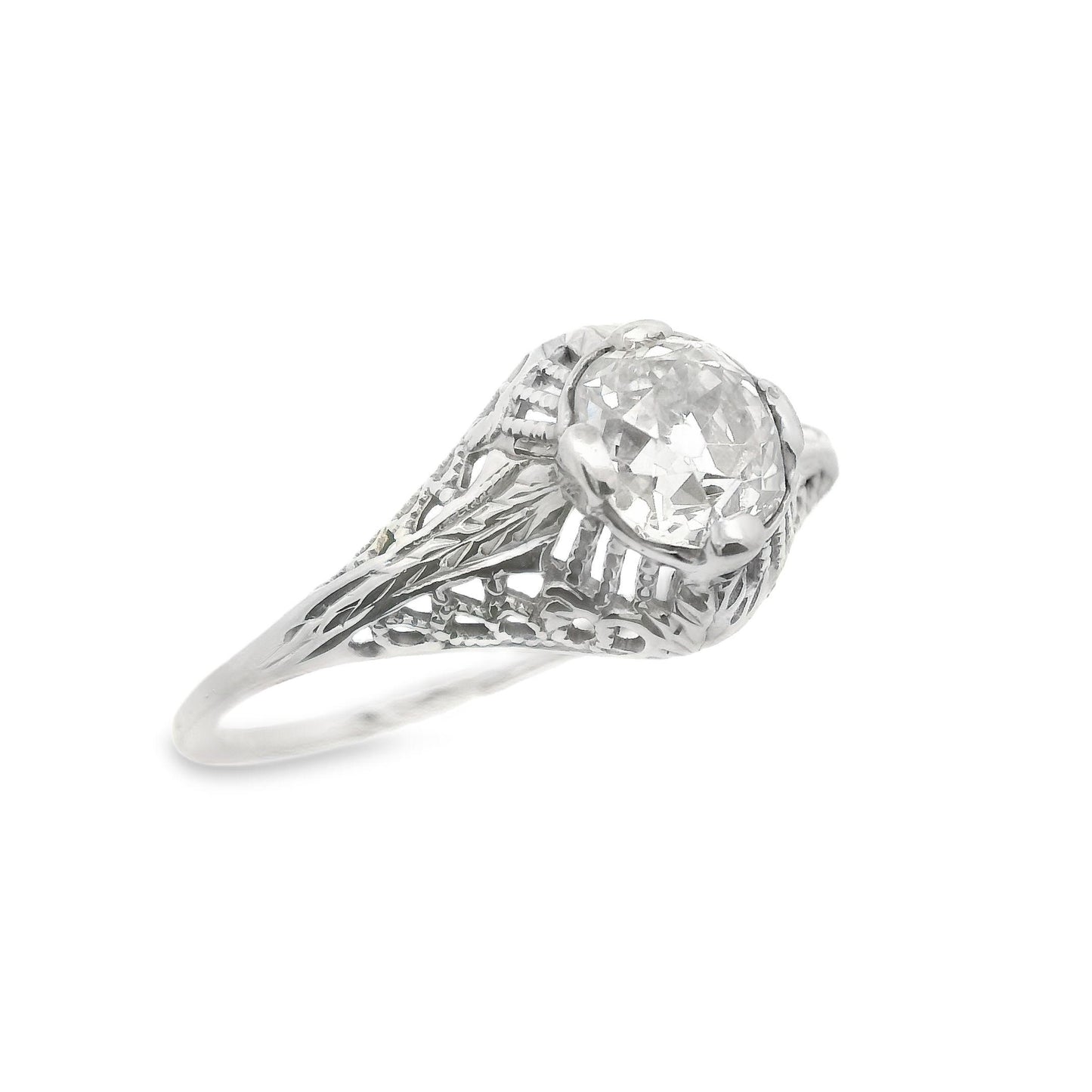 Art Deco 14 Karat White Gold Filigree .7ct Old Mine Cut Diamond Engagement Ring
