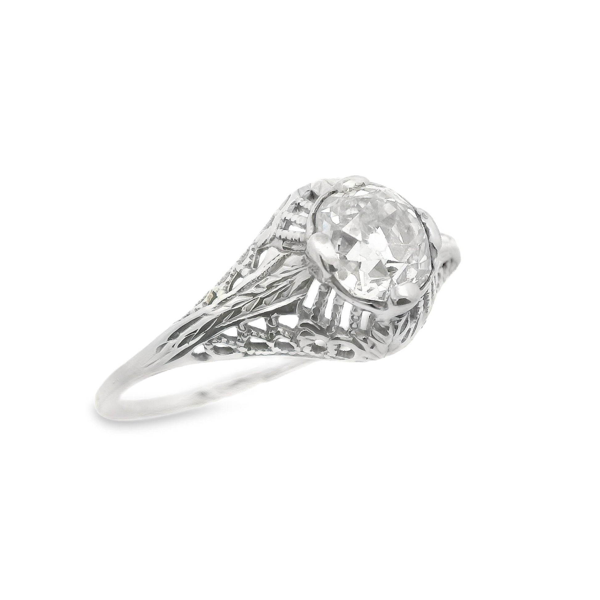 Art Deco 14 Karat White Gold Filigree .7ct Old Mine Cut Diamond Engagement Ring