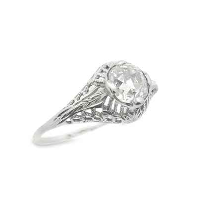 Art Deco 14 Karat White Gold Filigree .7ct Old Mine Cut Diamond Engagement Ring