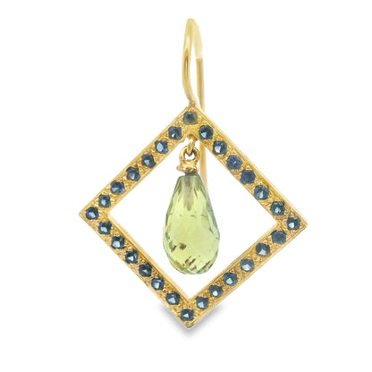 18k Yellow Gold 2.5cttw Geometric Briolette Peridot & Sapphire Dangle Earrings