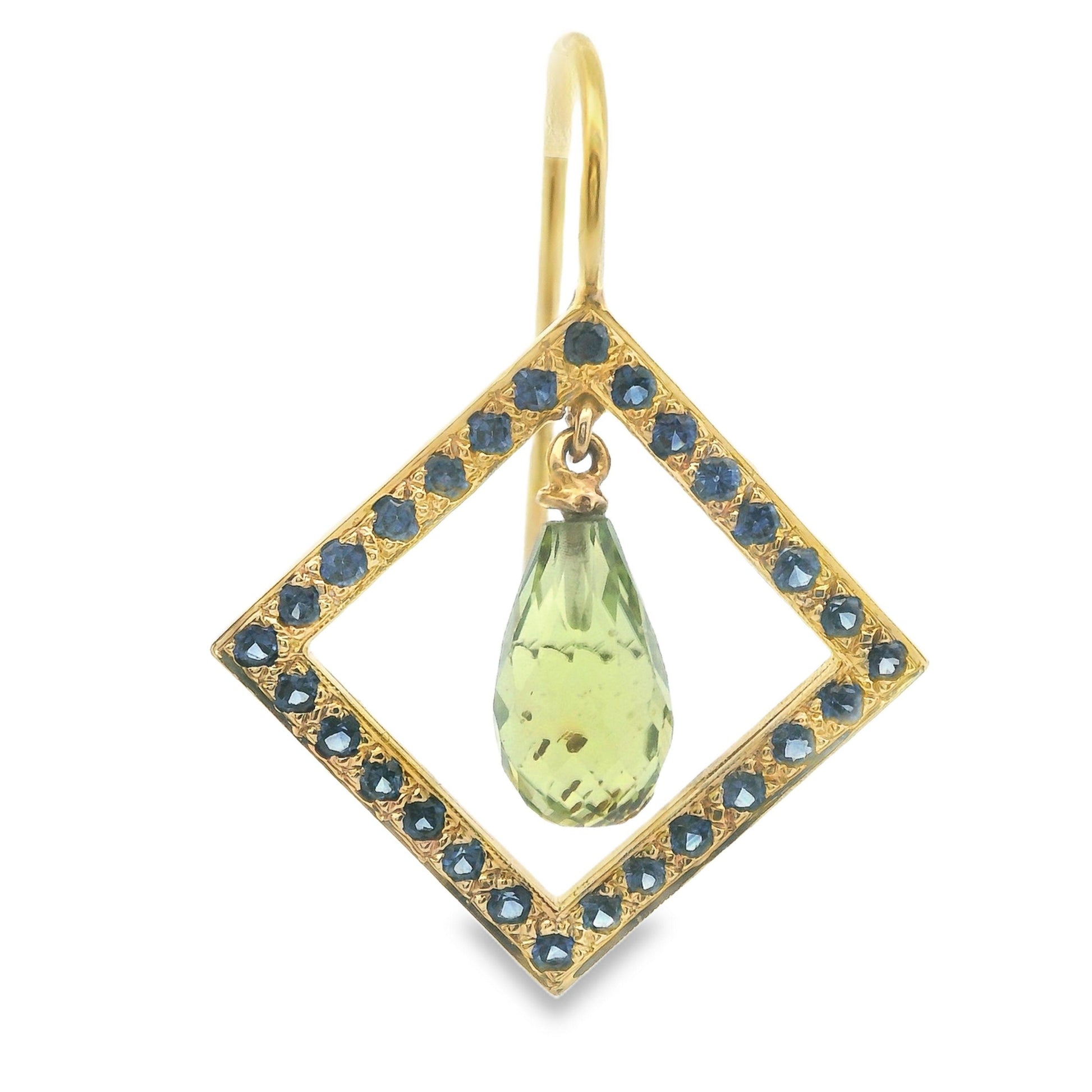 18k Yellow Gold 2.5cttw Geometric Briolette Peridot & Sapphire Dangle Earrings