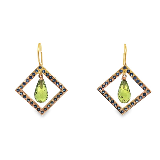 18k Yellow Gold 2.5cttw Geometric Briolette Peridot & Sapphire Dangle Earrings