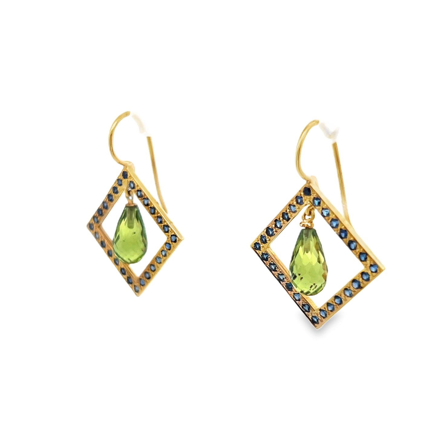 18k Yellow Gold 2.5cttw Geometric Briolette Peridot & Sapphire Dangle Earrings