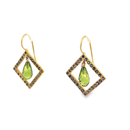 18k Yellow Gold 2.5cttw Geometric Briolette Peridot & Sapphire Dangle Earrings