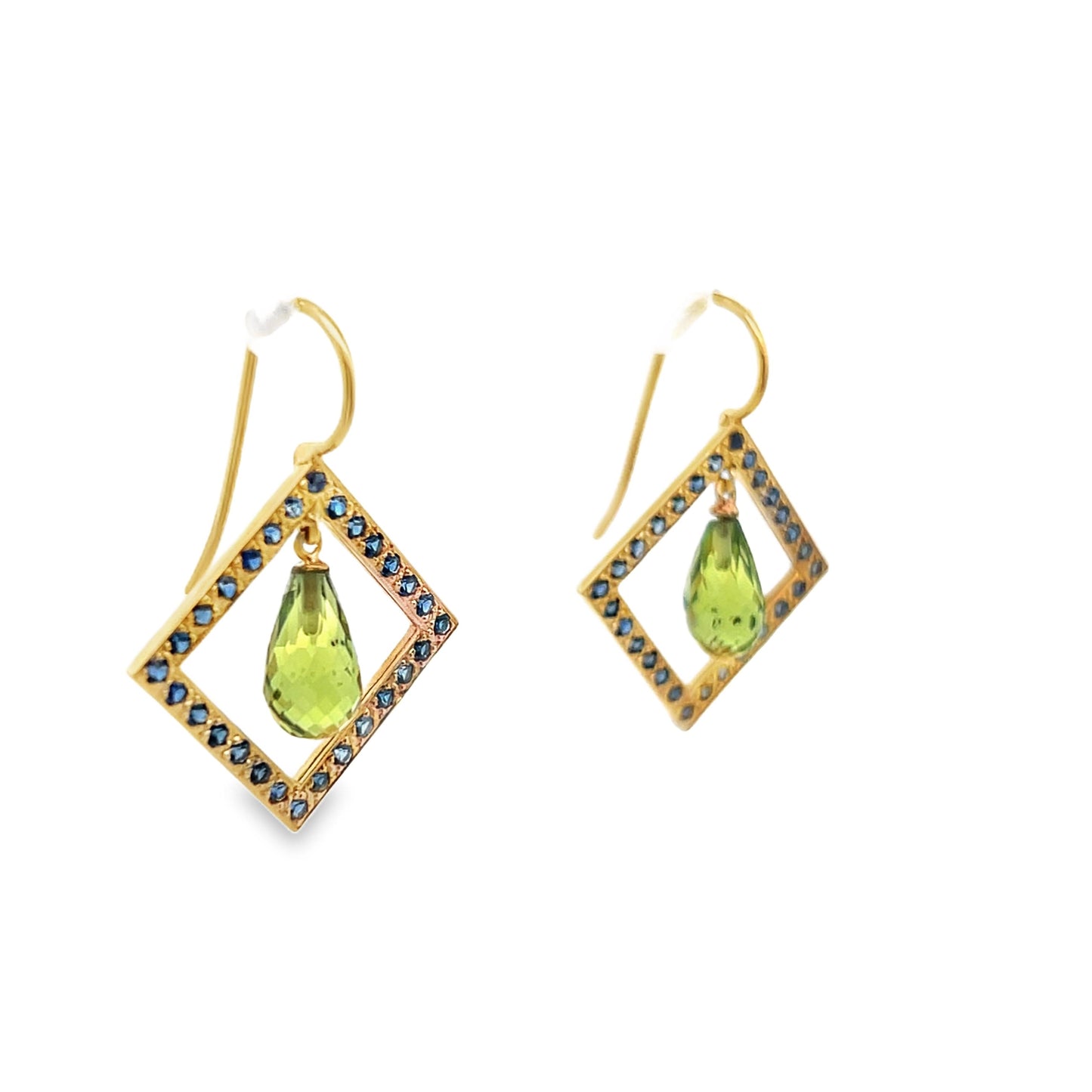 18k Yellow Gold 2.5cttw Geometric Briolette Peridot & Sapphire Dangle Earrings