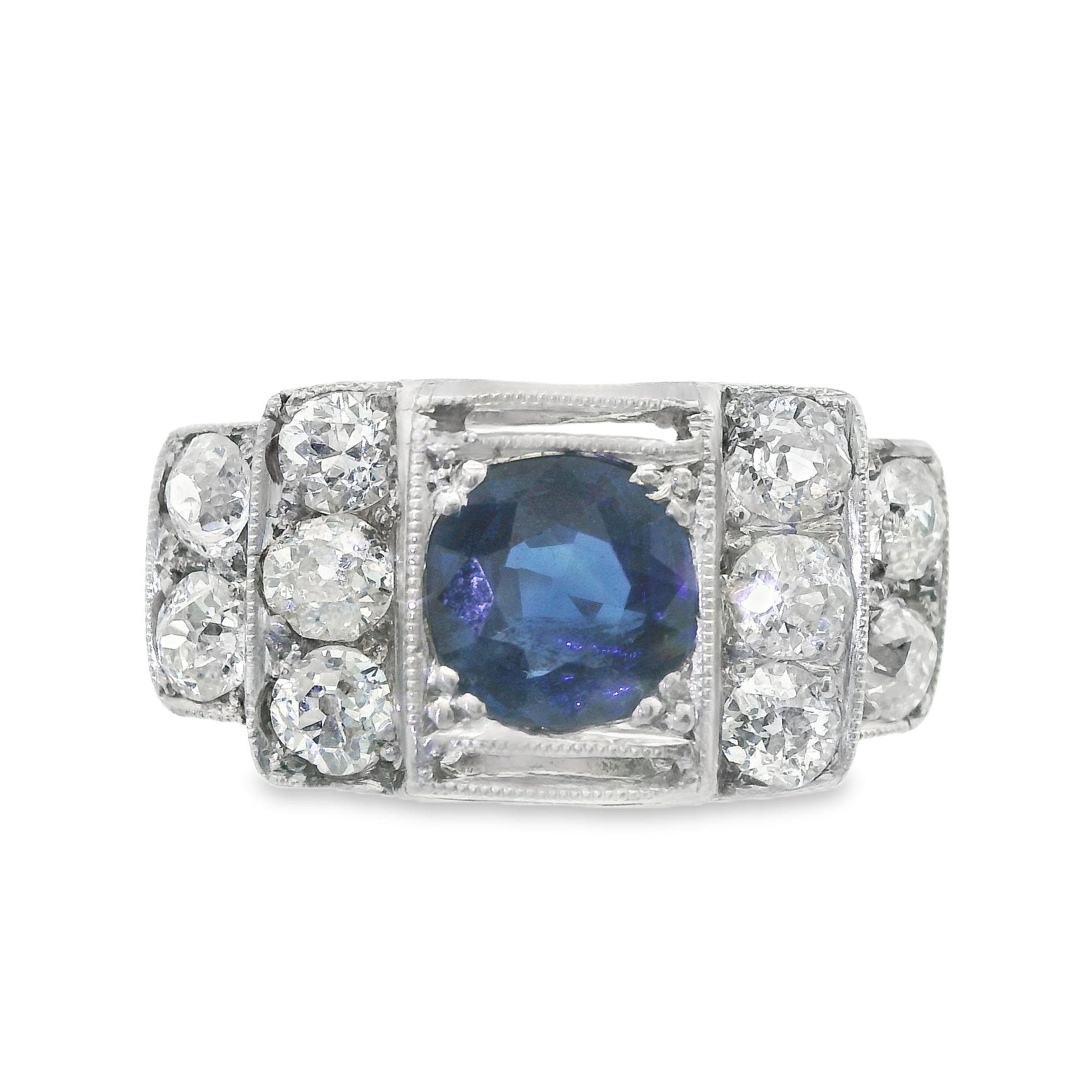 Diamond(1+ct) and Blue Sapphire Ring(.77ct) in Platinum + 14k Yellow Gold