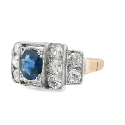 Diamond(1+ct) and Blue Sapphire Ring(.77ct) in Platinum + 14k Yellow Gold